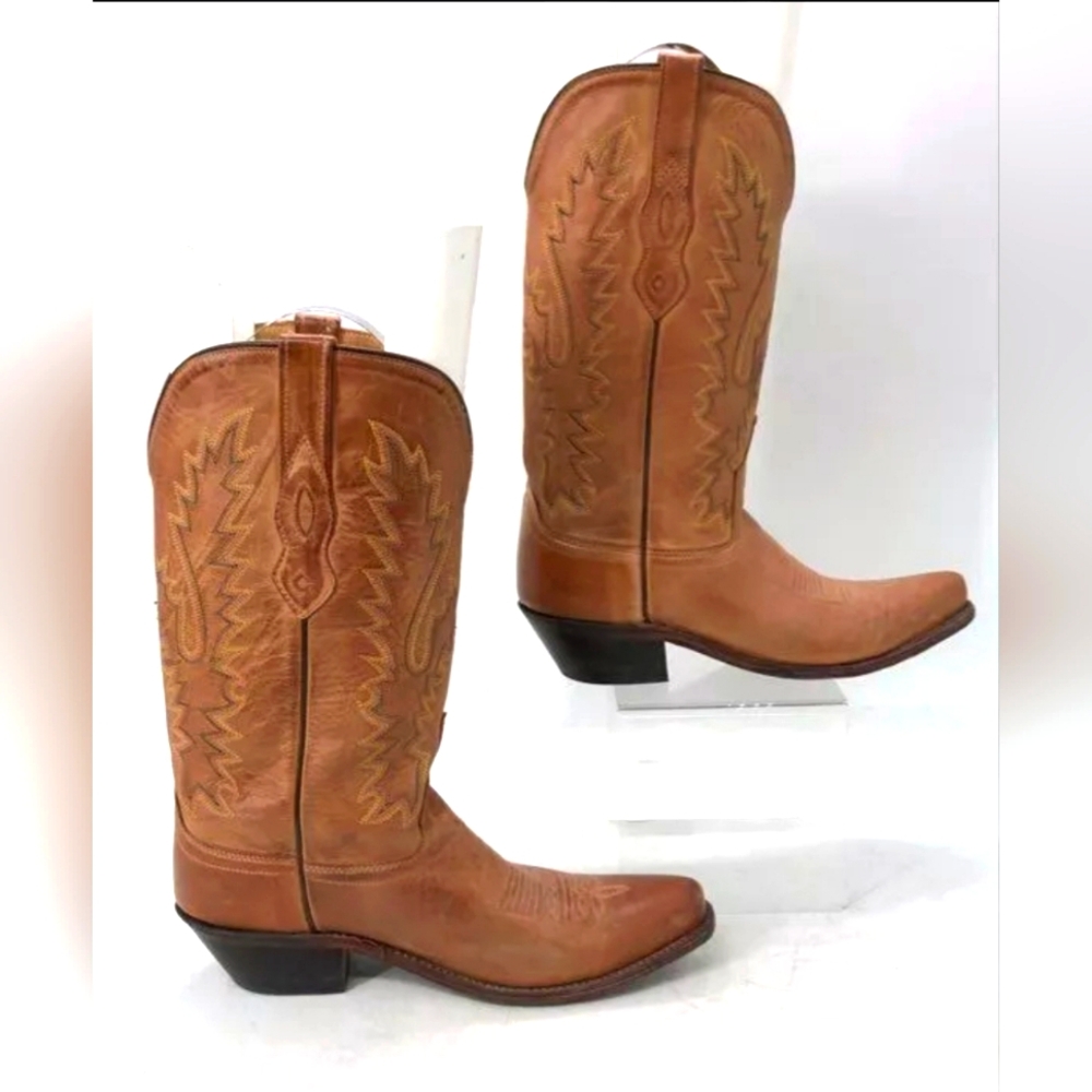 Old West Designer Light Brown Leather Snip Toe Western Cowboy Boots Women 7.5